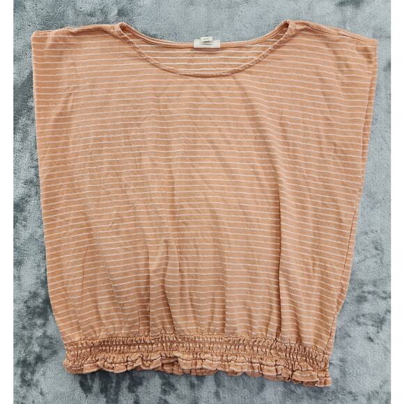 ANA Top Womens L Orange White Striped Scoop Neck Cap Sleeve Smocked Hem Stretch - Picture 1 of 8